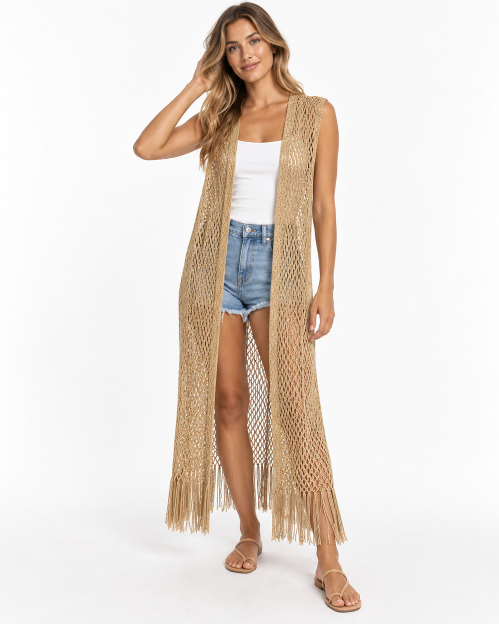 SAACHI Gold Crochet Fringe Duster Long Open Knit Vest One Size